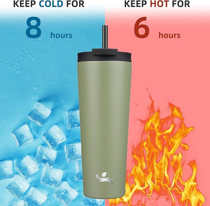 26 OZ Insulated Tumbler with Lid and 2 Straws Stainless Steel Water Bottle Vacuum Travel Mug Coffee Cup,ArmyGreen