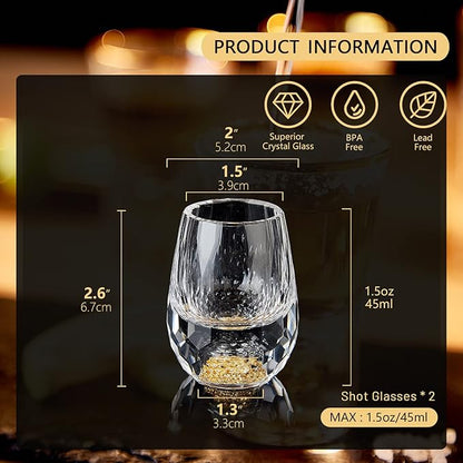 DUJUST Diamond Shot Glasses (1.5oz), Crystal Shot Glass Set Decorated with 24K Gold Leaf Flakes, Luxury & Cute Shot Cups, BPA-Free & Lead-Free, Perfect for Décor & Collection, Gift Choice - 2 pcs