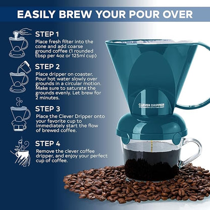 Clever Coffee Dripper and Filters, Large 18 oz| Barista's Choice| Safe BPA Free Plastic|Includes 100 Filters (Peacock Blue)