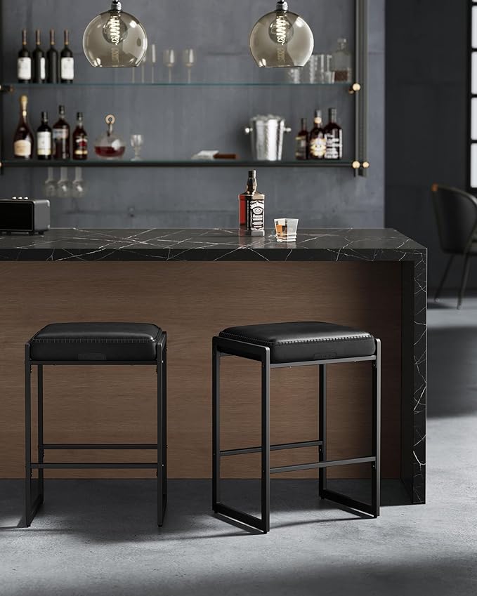 VASAGLE EKHO Collection - Bar Stools Set of 2, Counter Height Bar Stools, Synthetic Leather with Stitching, Mid-Century Modern Counter Stools, 26-Inch Tall, Kichen Home Bar Dining Room, Ink Black