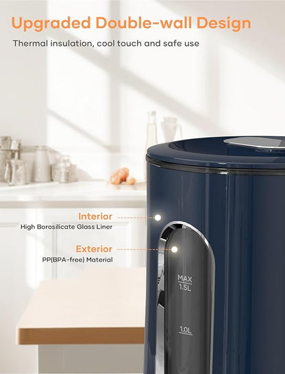Offacy Electric Kettle, Tea Kettle Pot, Double Wall Glass Inner 1.5L/1200W, Hot Water Kettle Teapot Boiler & Heater with Automatic Shut Off, BPA-Free & LED Indicator Lights (Navy Blue)