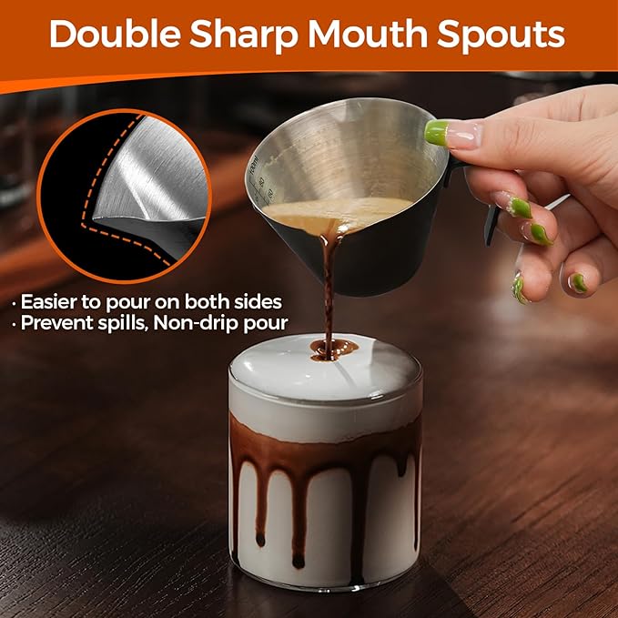 YARRAMATE 2Pcs Stainless Steel Espresso Shot Cup, Double Spout Metal Espresso Measuring Cup with V-Shaped Mouth, Espresso Accessories, 3.4OZ/100ML (Black)