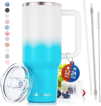 40 oz Tumbler With Handle and Straw Made of Stainless Steel - Double Wall Vacuum Insulated Tumbler With Lid - Sweat Proof Easy Grip, BPA-Free, Dishwasher Safe Tumbler (Blue & White)