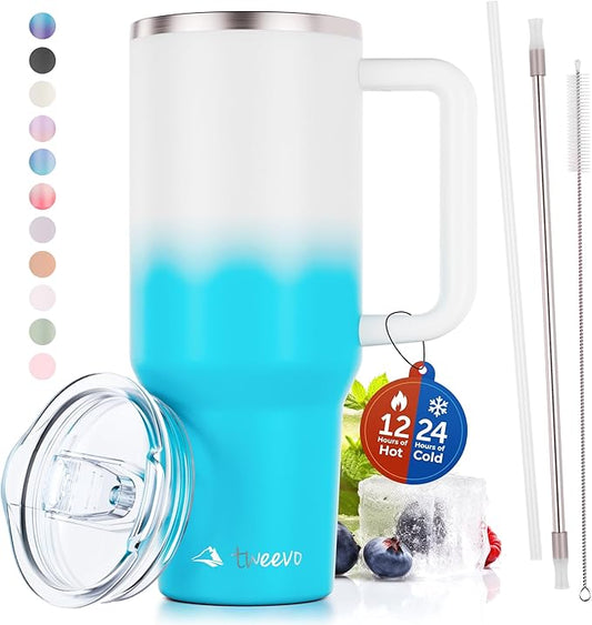 40 oz Tumbler With Handle and Straw Made of Stainless Steel - Double Wall Vacuum Insulated Tumbler With Lid - Sweat Proof Easy Grip, BPA-Free, Dishwasher Safe Tumbler (Blue & White)