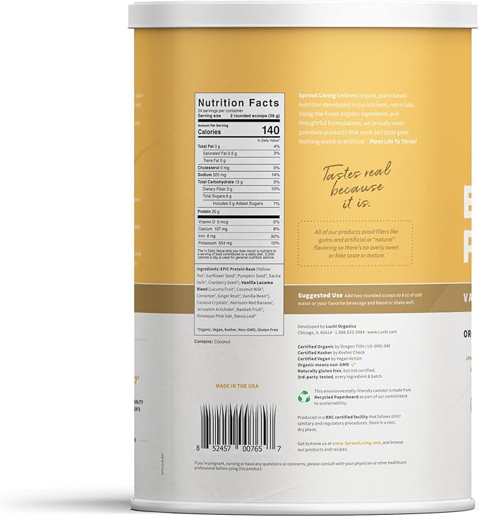 Sprout Living Epic Protein, Plant Based Protein & Superfoods Powder, Vanilla Lucuma Powder | 20 Grams Organic Protein Powder, Vegan, Non Dairy, Non-GMO, Gluten Free, Low Sugar (2 Pound, 24 Servings)