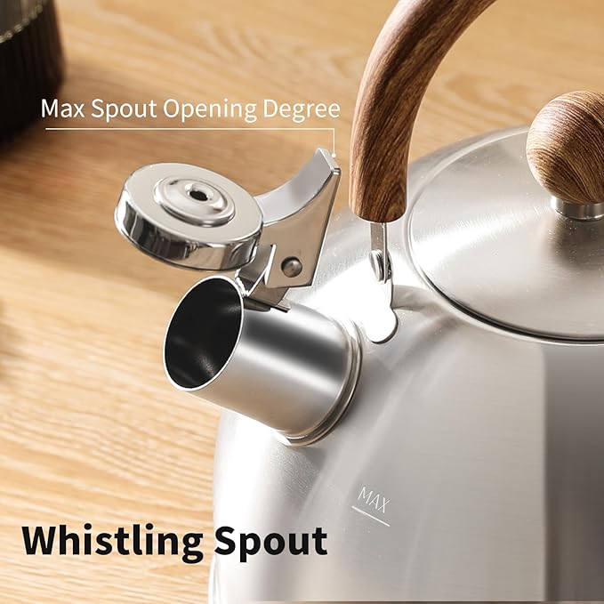 Tea Kettle, 18/8 Stainless Steel Whistling Teapot, 2.1 Quart Camping Tea Kettle for Stovetop, Water Coffee Pot with Anti-Hot Wood Handle (2L,Silver)