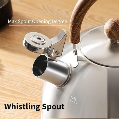 Tea Kettle, 18/8 Stainless Steel Whistling Teapot, 2.1 Quart Camping Tea Kettle for Stovetop, Water Coffee Pot with Anti-Hot Wood Handle (2L,Silver)