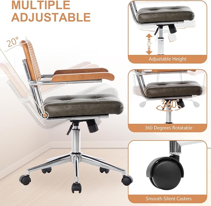 Genuine Leather Rattan Office Chairs, Modern Rattan Desk Chair with Natural Back & Wood Armrest, Small Upholstered Tufted Cowhide Home Office Desk Chairs for Home Office, Bedroom, Study, Olive Green