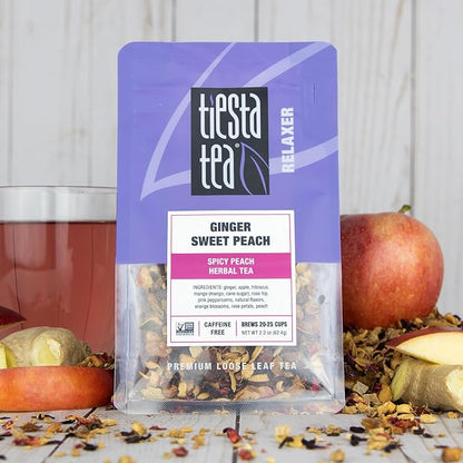 Tiesta Tea - Ginger Sweet Peach, Loose Leaf, Spicy Peach Herbal Tea, Non-Caffeinated Tranquility Blend, Bulk Herbal Leaves with Hibiscus & Cane Sugar, 25 Cups, 2.2 Ounce Resealable Pouch