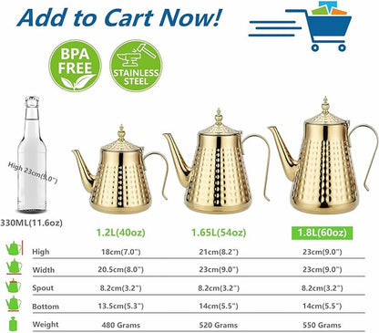 SANQIAHOME 1.8L(60oz) Stainless Steel Hammer Patterned Teapot With Removeable Infuser,Loose leaf cover,Gold