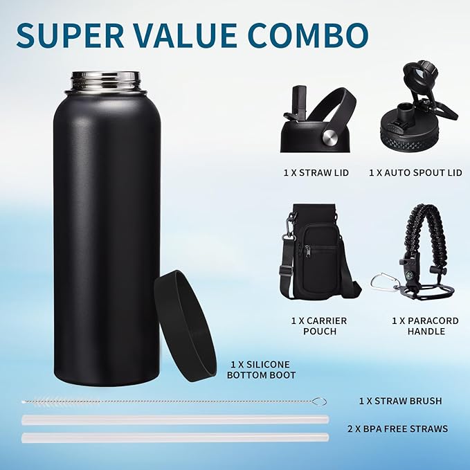 Water Bottle with Straw - 40 oz Stainless Steel Water Bottles, Big Water Jug Vacuum Insulated Waterbottle with Paracord Handle, Straw/Auto Spout Lid, Strap Sleeve, Metal Reusable Water Bottle Black