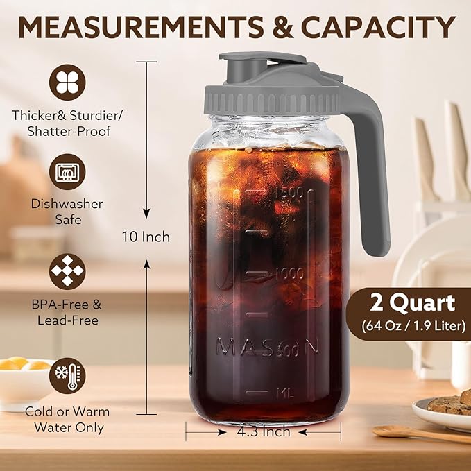 Glass Pitcher with Lid, 64 OZ Mason Jar Pitcher Double Leak Proof, 2 Quart Breast Milk Storage Containers for Fridge, Wide Mouth Glass Jar for Sun Tea, Juice, Cold Brew Coffee