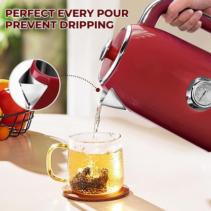 SUSTEAS Electric Kettle - 57oz Hot Tea Water Boiler with Thermometer, 1500W Fast Heating Stainless Steel Pot, Cordless LED Indicator, Auto Shut-Off & Boil Dry Protection, Red