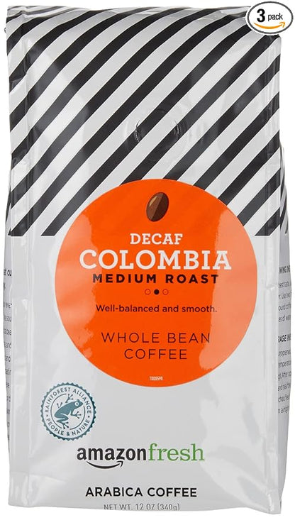 Amazon Fresh Decaf Colombia Whole Bean Coffee, Medium Roast, 12 Ounce (Pack of 3)