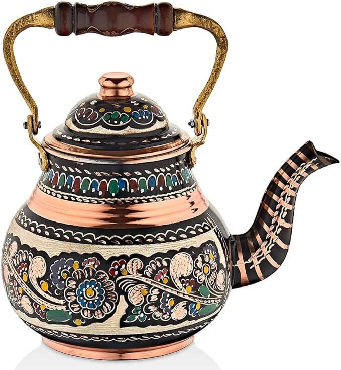 Vintage Copper Turkish TeaPot Tea Kettle Pot for Stovetop Stove Top Infuser Decorative Fancy Arabic Moroccan Party Serving Kitchen Antique Handmade Women Floral Unique Style Gooseneck Gift Decor