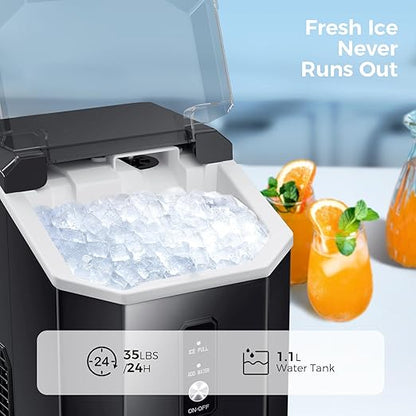 AGLUCKY Nugget Ice Maker Countertop, Portable Crushed Ice Maker Machine with Handle, 35lbs/24H, One-Click Operation, Self Cleaning Ice Machine for Home/Kitchen/Office(Black)