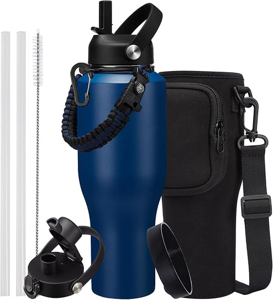 40oz Water Bottle with Straw - Vacuum Stainless Steel Insulated Cups w/Survival Paracord Handle & Carrier Bag, Skinny Water Bottle Insulated Water Bottle Fits in Cup Holder for Travel Drive