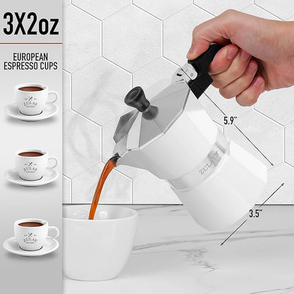 Zulay Moka Pot Espresso Stovetop Coffee Maker - Leak-Proof, Stainless Steel, Easy to Clean, Heat Resistant Handle & Knob - for Authentic Cuban & Italian Style Espresso - Makes 3 Espresso Cups - White
