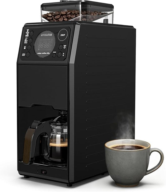 Programmable 5 Cup Coffee Maker with Grinder Built In, Automatic Drip Coffee Machine with Timer, Removable Tank, 22 oz Glass Carafe and Hot Plate, for Home Dorm and Office, Matt Black