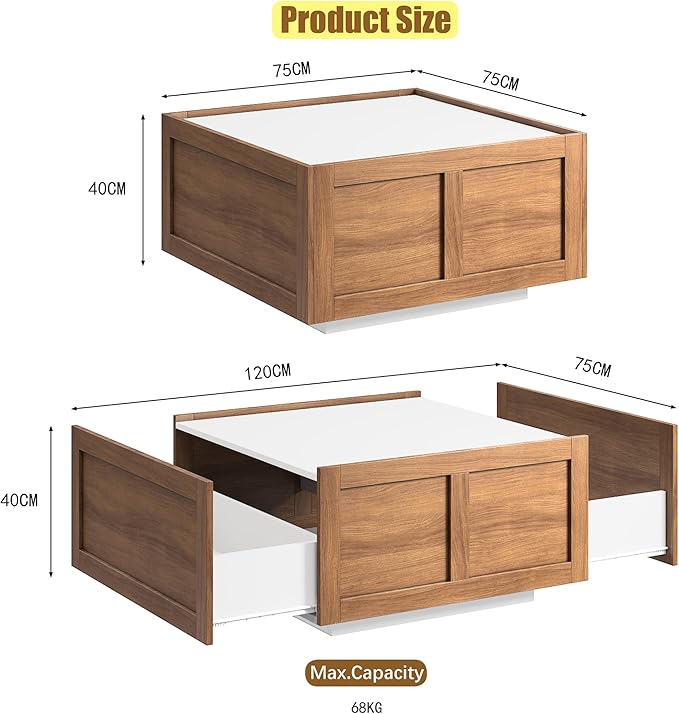 Farmhouse Coffee Table with 2 Storage Drawers for Living Room Square Center Middle Table Modern Cocktail Table Contemporary Mid Century Wood Home Office Waiting Room (White Brown)