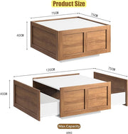 Farmhouse Coffee Table with 2 Storage Drawers for Living Room Square Center Middle Table Modern Cocktail Table Contemporary Mid Century Wood Home Office Waiting Room (White Brown)