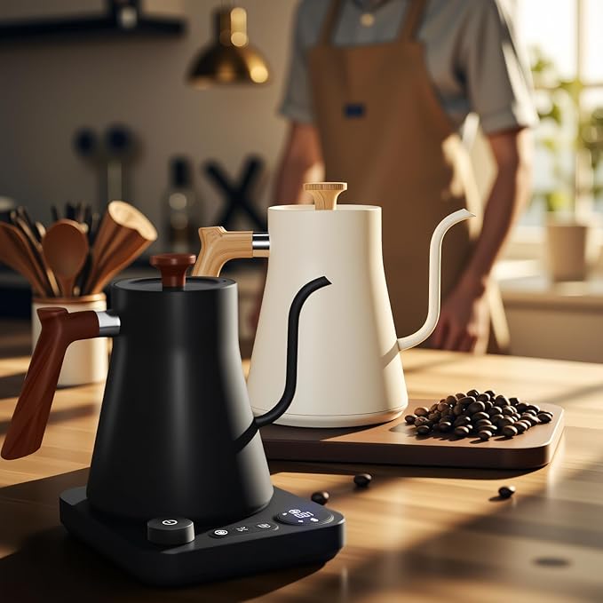 Gooseneck electric kettle,Auto Boil Detection, with Variable Temperature Control, Stainless Steel Inner, Ultra-Quiet 304 Stainless Steel,1200W Quick Heating, for Coffee, Tea & Milk, 0.9L (Beige）