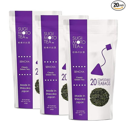 SUGIMOTO TEA Japanese Sencha Green Tea Bags 20 Count Pack of 3