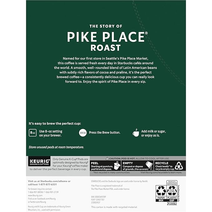Starbucks K-Cup Coffee Pods, Medium Roast Coffee, Pike Place Roast For Keurig Brewers, 100% Arabica, 1 Box (22 Pods)