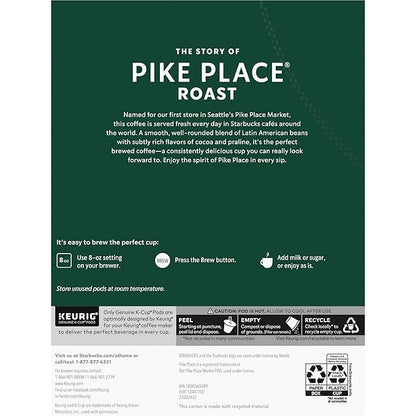 Starbucks K-Cup Coffee Pods, Medium Roast Coffee, Pike Place Roast For Keurig Brewers, 100% Arabica, 1 Box (22 Pods)