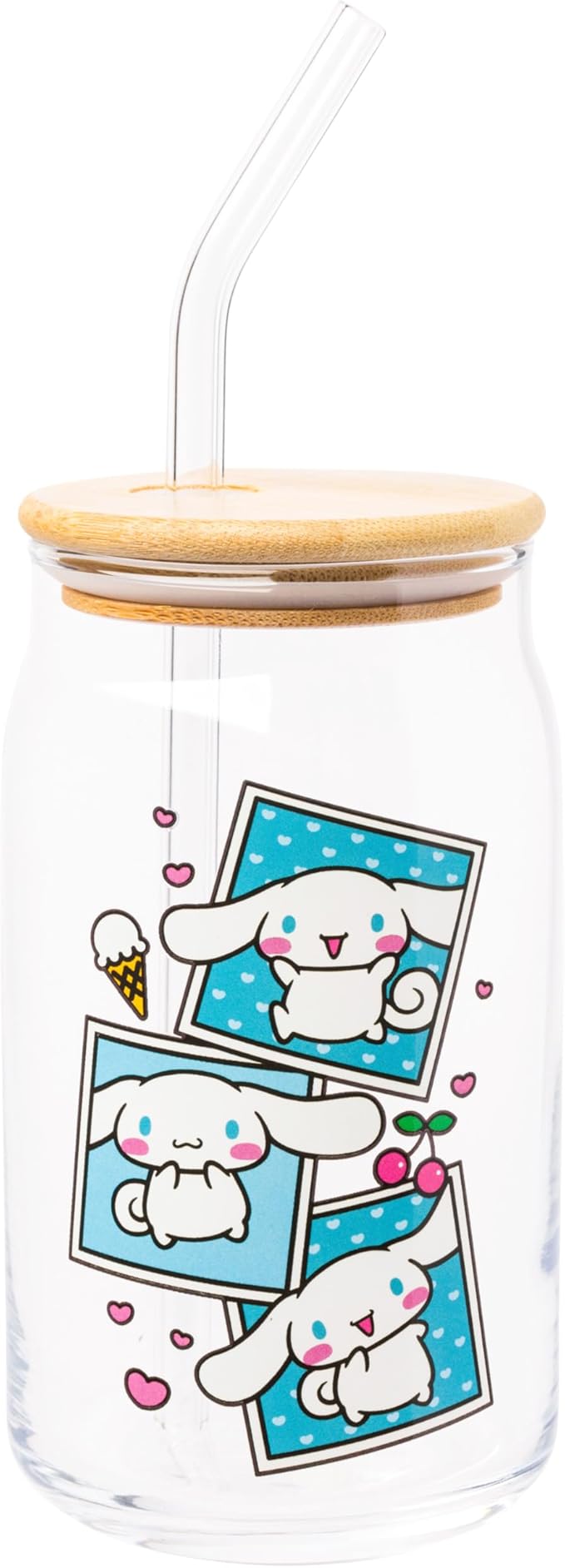 Silver Buffalo Sanrio Hello Kitty and Friends Cinnamoroll Polaroids Glass Jar Tumbler with Bamboo Lid and Glass Straw, 16 Ounces