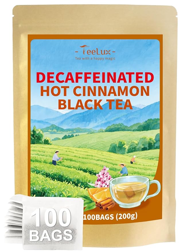 TeeLux Decaf Hot Cinnamon Black Tea, Decaffeinated Black Tea with Cinnamon, Clove, Spicy & Sweet Flavor, 100 Count
