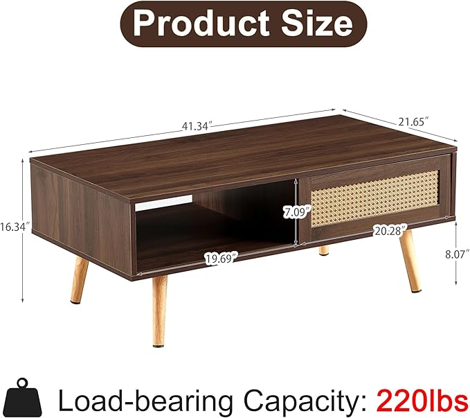 Mid Century Modern Coffee Table with Storage, 41.3 Inch Rectangle Wooden Accent Center Tables with Sliding PE Rattan, Woven Door Panel and Solid Wood Legs, Suitable for Living Room, Apartment