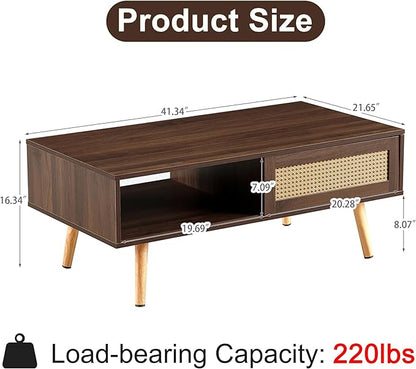 Mid Century Modern Coffee Table with Storage, 41.3 Inch Rectangle Wooden Accent Center Tables with Sliding PE Rattan, Woven Door Panel and Solid Wood Legs, Suitable for Living Room, Apartment