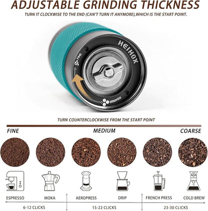 Manual Coffee Grinder - HEIHOX Hand with Adjustable Conical Stainless Steel Burr Mill, Capacity 30g Portable Mill Faster Grinding Efficiency Espresso to Coarse for Office, Home, Camping