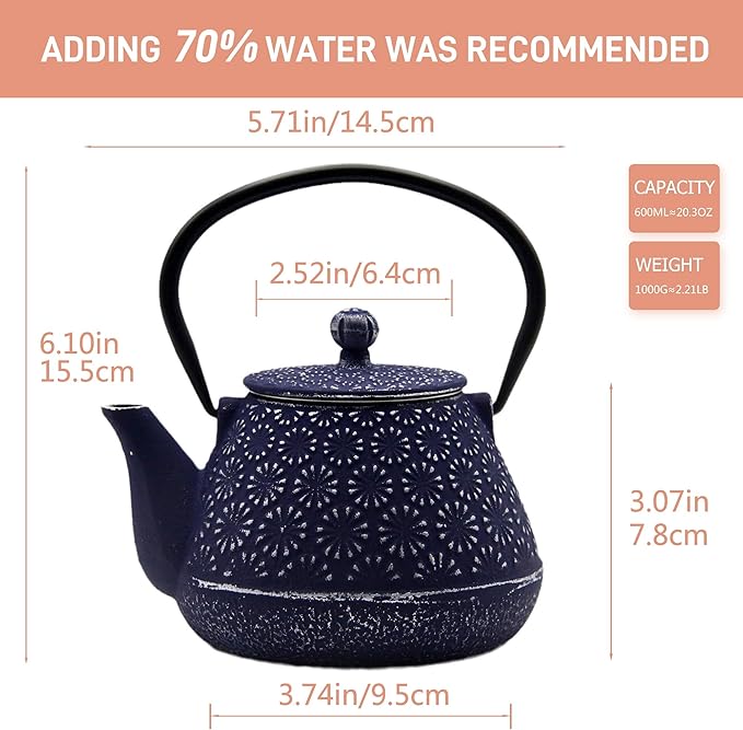 20.3oz Small Cast Iron Teapot, SECHUDO Cast Iron Tea Kettle for Stovetop Safe Coated with Enameled Interior, Cast Iron Tea Pot with Stainless Steel Infuser for Loose Tea (Blue Gerbera Pattern)
