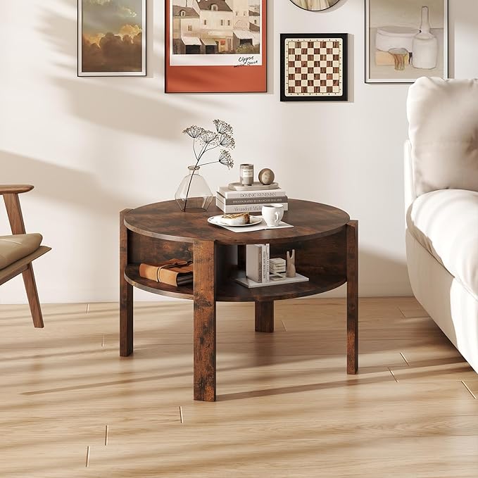 Giantex Round Coffee Table, 2-Tier Mid Century Modern Tea Cocktail Table with Storage Shelves & 4 Side Compartments, Wood Center Table for Living Room, Small Spaces (Rustic Brown)
