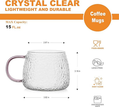LUXU Hammered Tea Cups,Glass Coffee Mugs,Set of 6 Coffee Cups with Different Color Handles-15 oz,Prefect for Cappuccino,Latte,Water,Mocha,Milk,Widely Used for Cafes,Home and Office