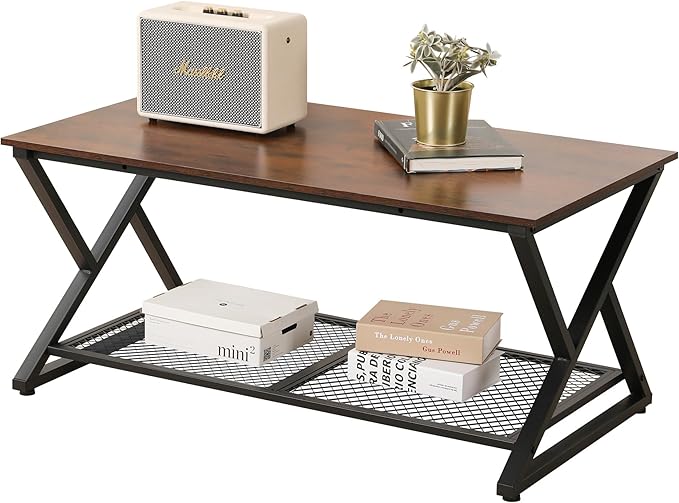 SENIG Coffee Table with Storage Shelf, Industrial Metal Wood Living Room Tables, Rectangle Center Table 39 Inch, Vintage Simple 2 Tier Cocktail Table, Brown