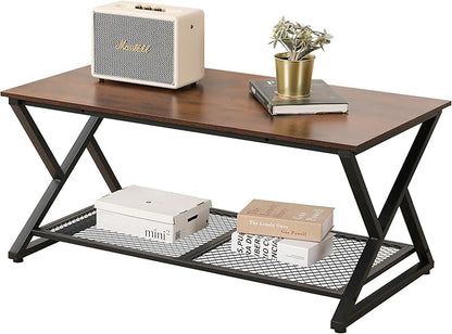 SENIG Coffee Table with Storage Shelf, Industrial Metal Wood Living Room Tables, Rectangle Center Table 39 Inch, Vintage Simple 2 Tier Cocktail Table, Brown