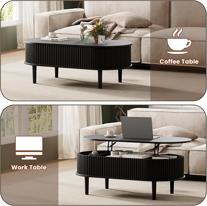 BREEZEHEAT Fluted Lift Top Coffee Table, 39" Black Modern Oval Coffee Table with Storage, Hidden Compartment & Fully Assembled Centre Table, Lift Tabletop for Living Room, Home Office, Small Space