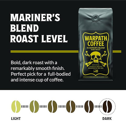 Warpath Coffee Ground Coffee Dark Roast, Mariner's Blend, High Caffeine, Extra Strong Roasted 100% Arabica Coffee Ground Beans, Rich Aroma, Full-Bodied Intense Cup, Created by Navy SEALs, 12oz