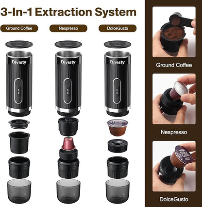 Portable Espresso Maker for Travel, Camping Coffee Machine, Electric Self-Heating With USB-C, Ground Coffee Compatible with Nespresso & Dolce Gusto for RV, Outdoor, Office (black)