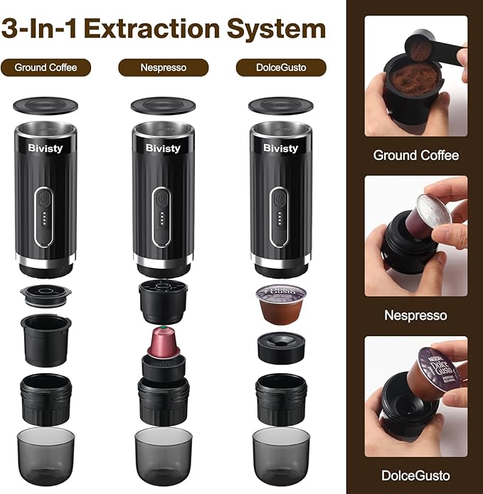 Portable Espresso Maker for Travel, Camping Coffee Machine, Electric Self-Heating With USB-C, Ground Coffee Compatible with Nespresso & Dolce Gusto for RV, Outdoor, Office (black)