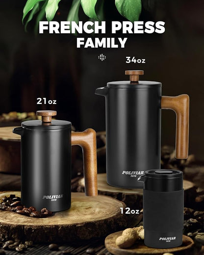 POLIVIAR French Press Coffee Maker, 21 oz Coffee Press with Real Wood Handle, Double Wall Insulation & Dual-Filter Screen, Food Grade Stainless Steel for Good Coffe and Tea, JX2024-SFPB