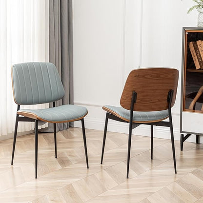 LUNLING Dining Chairs Set of 2,Mid Century Modern Retro Faux Leather Chair with Walnut Bentwood Upholstered Seat Metal Legs Adjustable Foot for Kitchen Dining Room Chairs(Blue)