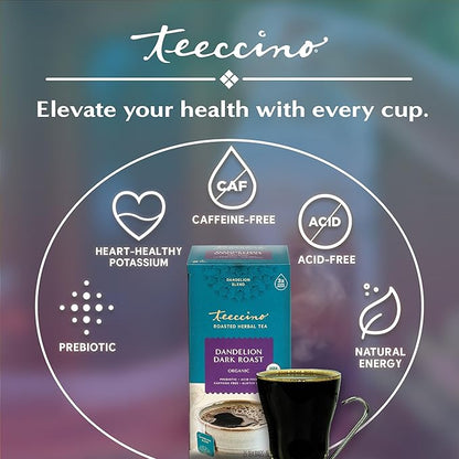 Teeccino Dandelion Herbal Tea - Dark Roast - 25 Tea Bags - Caffeine Free, Prebiotic, Gluten Free, 3x More Herbs