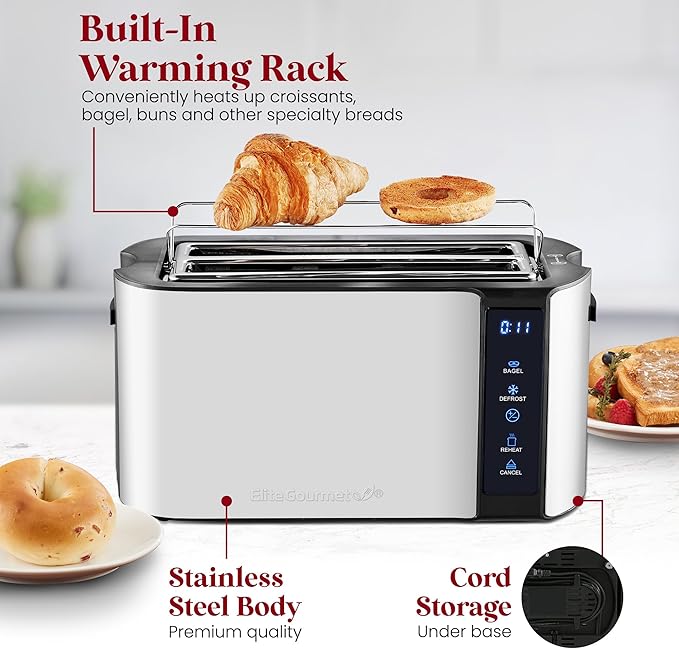 Elite Gourmet ECT5322 Long Slot 4 Slice Toaster, Countdown Timer, Bagel Function 6 Toast Setting, Defrost, Cancel Function, Built-in Warming Rack, Extra Wide Slots for Bagels Waffles, Stainless Steel