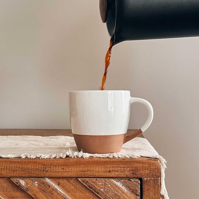 Mora Ceramic Large Latte Mug Set of 4, 16oz - Microwavable, Porcelain Coffee Cups With Big Handle - Modern, Boho, Unique Style For Any Kitchen. Microwave Safe Stoneware - Vanilla White