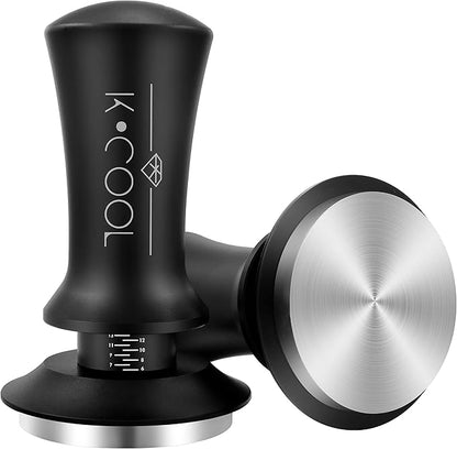 K COOL 51mm Coffee Espresso Tamper, Premium Barista Tools, Calibrated Spring Tamper, 100% Stainless Steel Flat Base Tamper with Scale Mark for Espresso Machine (Black)