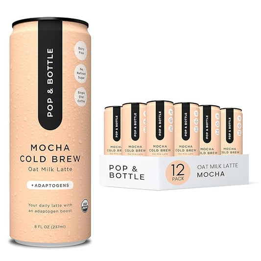 Pop & Bottle, Oat Milk Lattes - Cold Brew with Adaptogens, Maca, Ashwagandha, MCT Oil, Oat Milk, Organic, Dairy Free, Gluten Free, Great as Iced Coffee, Lightly Sweetened with Dates - Mocha, 8 Fl Oz (12 Pack)